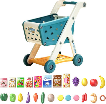 Kids Shopping Cart Trolley Play Set with Pretend Food and Accessories,