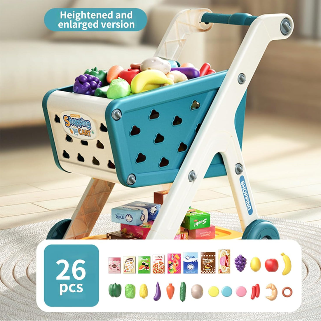 Kids Shopping Cart Trolley Play Set with Pretend Food and Accessories,